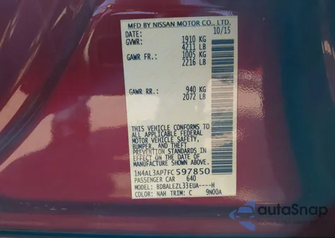 2015 Nissan Altima 2.5 S from USA, damaged, VIN 1N4AL3AP7FC597850